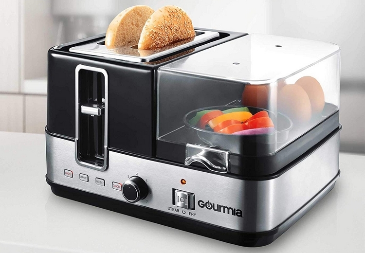 Breakfast Makers, Gourmia GBF470 3 in 1 Breakfast Station - 2 Slice Toaster,  Egg Cooker and Poacher, Vegetable Steamer, Bacon and Meat Steaming Tray -  One Touch Controls - Stainless Steel
